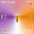 Zkittles CBD Vape Cartridge mit 55% CBD, 0,9% THC und 12% CBG, blumig und zitrusartig im Aroma, Swiss Made, mit Caryophyllen, Humulen und Linalool.