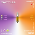 Zkittles CBD vape cartridge with floral and citrusy flavor notes, featuring 55% CBD, 0.9% THC, and 12% CBG, along with terpenes like caryophyllene, humulene, and linalool.