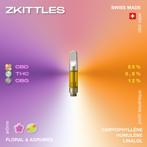 Cartouche de vape Zkittles avec 55% CBD, 0,9% THC, 12% CBG, arôme floral et agrumes, profil terpénique avec caryophyllène, humulène, linalol.