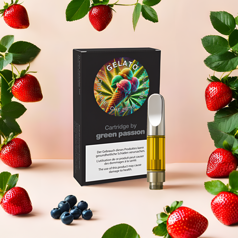 CBD Vape Cartridge Gelato von Green Passion – fruchtig-cremiger Geschmack mit 55% CBD. Perfektes Aroma für entspannte Momente.