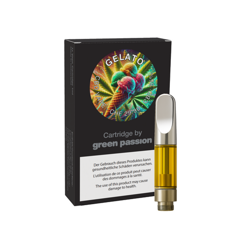 CBD Vape-Cartridge Gelato von Green Passion – hochwertige 1ml Kartusche mit köstlichem Gelato-Aroma, Verpackung und Kartusche abgebildet.