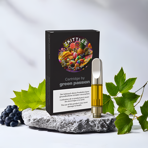 CBD Vape Cartridge Zkittles von Green Passion – tropisch-fruchtige Terpene mit 55% CBD. Ein geschmacklicher Genuss für deine CBD Vape-Session