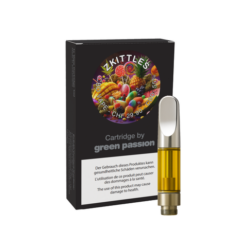 CBD Vape-Cartridge Zkittles von Green Passion – hochwertige 1ml Kartusche mit fruchtigem Zkittles-Aroma, Verpackung und Kartusche abgebildet.