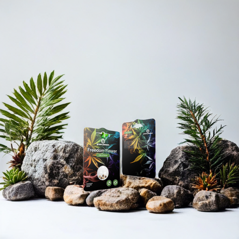Green Passion Freedom Flower CBG Samen – feminisierte CBG-Hanfsamen im farbenfrohen Verpackungsdesign mit stilisiertem Hanfblatt und psychedelischer Optik.