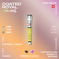 Coated Royal pre-rolled joint with Swiss indoor label, showing CBD, THC, and CBG content percentages, and terpene profile including caryophyllene.