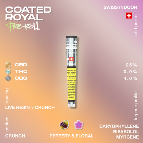 Coated Royal pre-rolled joint with Swiss indoor label, showing CBD, THC, and CBG content percentages, and terpene profile including caryophyllene.