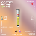 Joint pré-roulé Coated Royal avec résine vivante et enrobage croquant, affichant des pourcentages de CBD, THC et CBG, et un profil terpénique poivré et floral.