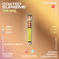 A pre-rolled joint labeled 'Coated Supreme' with details on CBD, THC, and CBG content, Swiss origin, and terpene profile on a gradient background.