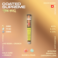 Joint pré-roulé Coated Supreme avec des informations sur le contenu et le profil terpénique, illustré sur un fond dégradé marron.