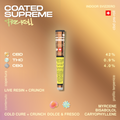 Confezione di un pre-roll Coated Supreme con dettagli su CBD, THC e CBG, e profilo terpenico con mircene, bisabololo e cariofillene.
