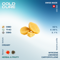 Cold Cure CBD dab with a creamy texture and herbal & fruity flavor, containing 92% CBD, 0.99% THC, and 3.1% CBG, Swiss made.