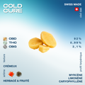 Produit CBD dab Cold Cure avec une texture crémeuse, arôme herbacé et fruité, et un profil terpénique comprenant myrcène, limonène et caryophyllène.