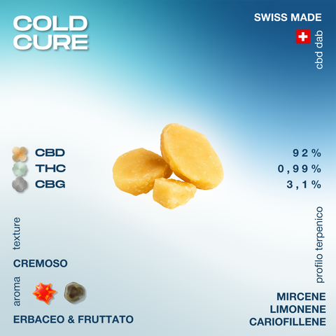 Prodotto CBD Cold Cure con consistenza cremosa, profilo terpenico con mircene, limonene e cariofillene. Contiene 92% CBD, 0,99% THC, 3,1% CBG.