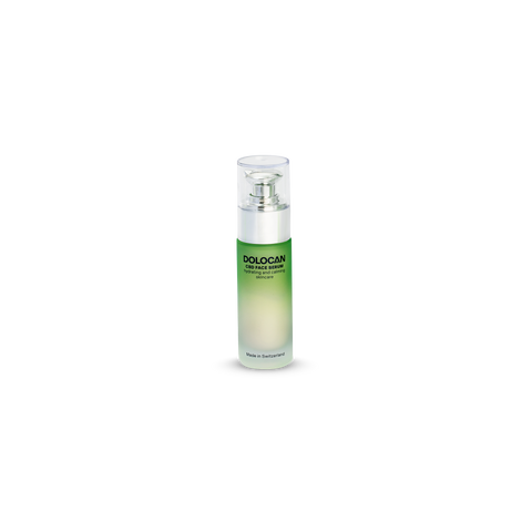 DOLOCAN CBD Face Serum in einer transparenten Flasche mit grünem Etikett und silbernem Spender, hergestellt in der Schweiz.