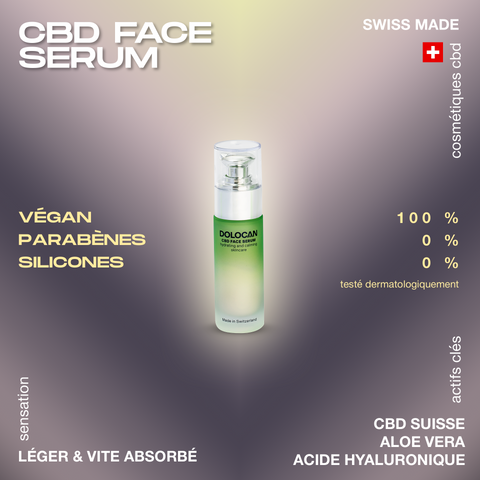 Sérum visage CBD Dolocan, fabriqué en Suisse, végan, sans parabènes ni silicones, avec CBD suisse, aloe vera et acide hyaluronique.