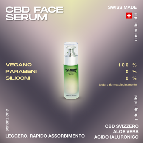 Siero viso DOLOCAN con CBD, aloe vera e acido ialuronico, privo di parabeni e siliconi, confezionato in Svizzera, vegano e dermatologicamente testato.