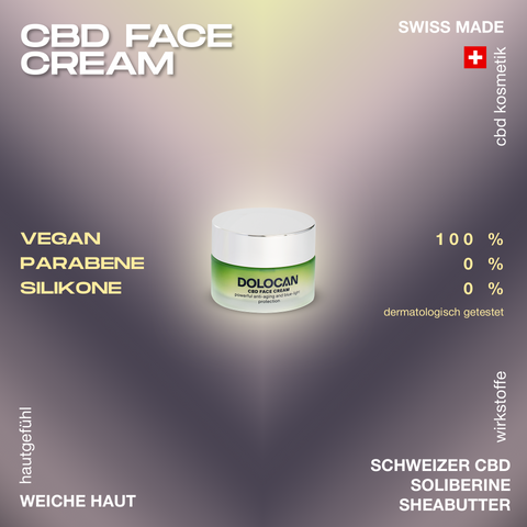 DOLOCAN CBD Face Cream in einem grünen Tiegel, vegan, ohne Parabene und Silikone, dermatologisch getestet, hergestellt in der Schweiz.