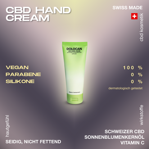 DOLOCAN CBD Hand Cream in einer grünen Tube, vegan und ohne Parabene oder Silikone, hergestellt in der Schweiz.