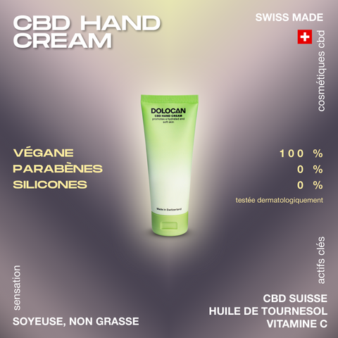 Crème pour les mains CBD de DOLOCAN, végane, sans parabènes ni silicones, fabriquée en Suisse, avec huile de tournesol et vitamine C.