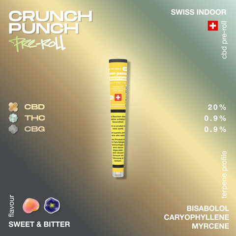 A yellow pre-rolled joint package labeled 'Crunch Punch' with CBD, THC, and CBG percentages, and flavor notes of sweet and bitter.