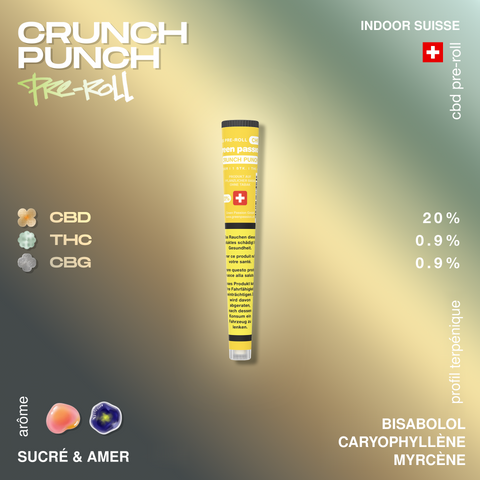 Un joint pré-roulé CBD Crunch Punch de Green Passion avec des informations sur le contenu en CBD, THC et CBG, ainsi que des arômes sucrés et amers.