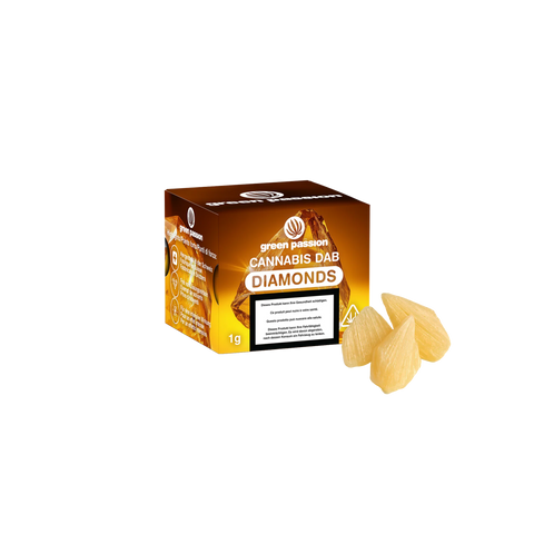 Packaging of Green Passion Cannabis Dab Diamonds, 1g, with a brown and gold design, featuring the product name and brand logo.