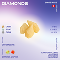 CBD product labeled 'Diamonds' with crystalline texture, 98% CBD, 0.99% THC, 0.1% CBG, and a citrusy and spicy flavor profile. Swiss made.