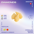 Diamanti di CBD con una texture cristallina e un aroma agrumato e speziato. Contiene 98% CBD, 0,99% THC e 0,1% CBG, con terpeni come cariofillene, limonene e mircene.