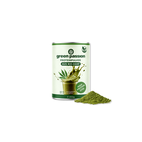 Barattolo di proteine di canapa biologica Green Passion con etichetta verde e polvere di proteine versata accanto.