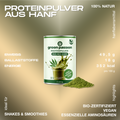 Dose mit grünem Hanfproteinpulver von Green Passion, 450g, vegan und bio-zertifiziert, ideal für Shakes und Smoothies.