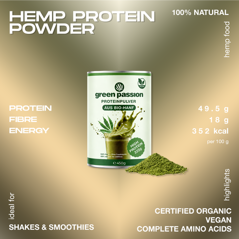 Green Passion hemp protein powder in a 450g container, labeled as certified organic and vegan, ideal for shakes and smoothies.