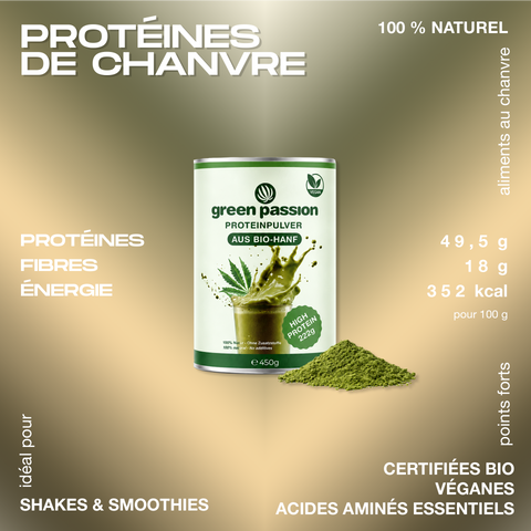 Boîte de protéines de chanvre bio Green Passion, 450g, avec poudre verte à côté.