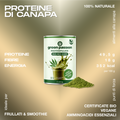 Barattolo di proteine di canapa biologiche Green Passion con polvere verde, ideale per frullati e smoothie, con valori nutrizionali visibili.