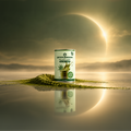 Dose mit Green Passion Proteinpulver aus Bio-Hanf, 450g, vor einem dramatischen Himmel mit Sonnenfinsternis und Hanfpulver auf dem Boden.