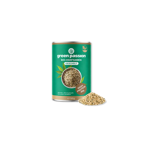 Verpackung von Green Passion Bio-Hanfsamen, geschält, 150g, mit veganem Symbol und Hinweis auf hohen Proteingehalt.