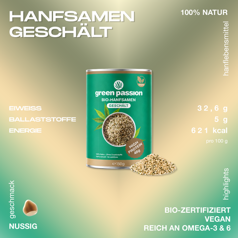 Verpackung von geschälten Bio-Hanfsamen der Marke Green Passion, 150g, mit Angaben zu Nährwerten und veganem, nussigem Geschmack.