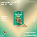 Packaging of Green Passion Bio-Hanfsamen geschält, 150g, highlighting nutritional values and features such as high protein content and vegan certification.