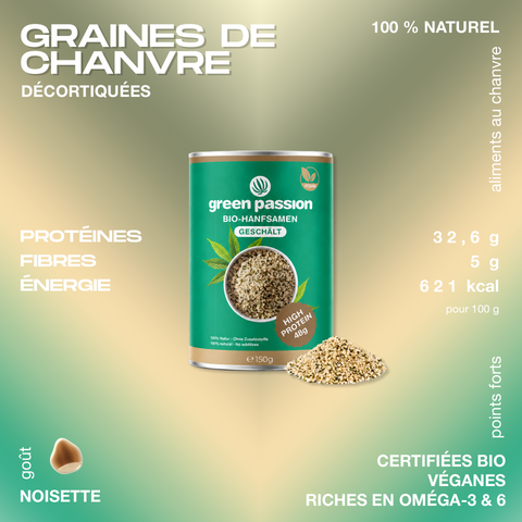 Graines de chanvre décortiquées de Green Passion, emballage vert avec informations nutritionnelles et mention vegan.