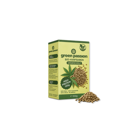 Packaging of Green Passion organic hemp seeds, unpeeled, with high protein content, 500g, featuring a vegan label and natural ingredients.