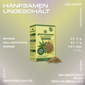Verpackung von Green Passion Bio-Hanfsamen ungeschält, 500g, mit Angaben zu Nährwerten und veganem Siegel.