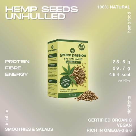 Packaging of Green Passion Bio-Hanfsamen ungeschält, highlighting high protein content and nutritional values, ideal for smoothies and salads.