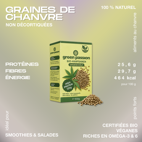 Boîte de graines de chanvre non décortiquées de Green Passion, 500g, avec informations nutritionnelles et label vegan.
