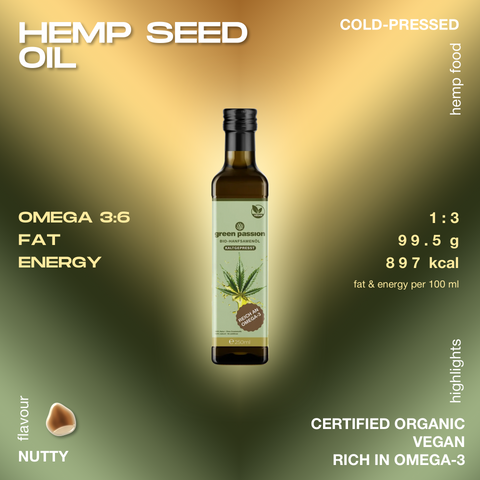 250ml bottle of cold-pressed organic hemp seed oil by Green Passion, featuring nutty flavor and rich in Omega-3.