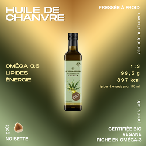 Huile de chanvre biologique Green Passion dans une bouteille de 250 ml, certifiée bio et végan, riche en oméga-3, goût noisette.