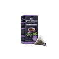 Packung Bio-Hanftee von Green Passion mit Brombeer- und Zitronenverbenen-Geschmack, daneben ein Teebeutel.