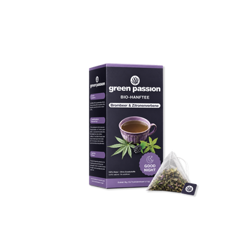 Packung Bio-Hanftee von Green Passion mit Brombeer- und Zitronenverbenen-Geschmack, daneben ein Teebeutel.