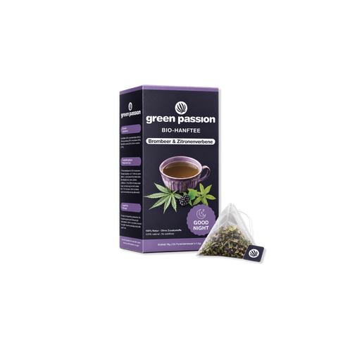Packaging of Green Passion organic hemp tea with blackberry and lemon verbena flavor, featuring a tea bag and cup of tea.
