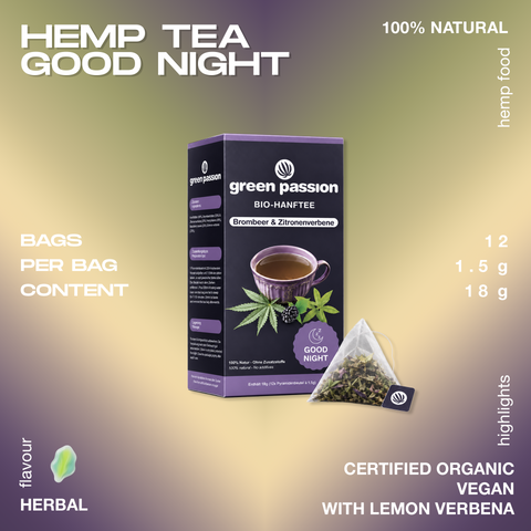 Packaging of Green Passion Bio-Hanftee Good Night with blackberry and lemon verbena flavor, showing a tea cup and a tea bag. Certified organic and vegan.