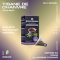Tisane de chanvre 'Good Night' de Green Passion avec boîte violette, sachets de thé et ingrédients naturels affichés.