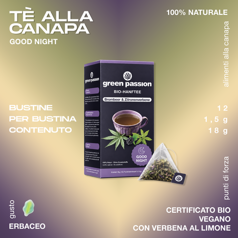 Confezione di tè alla canapa Green Passion con gusto di mora e verbena al limone, certificato bio e vegano.